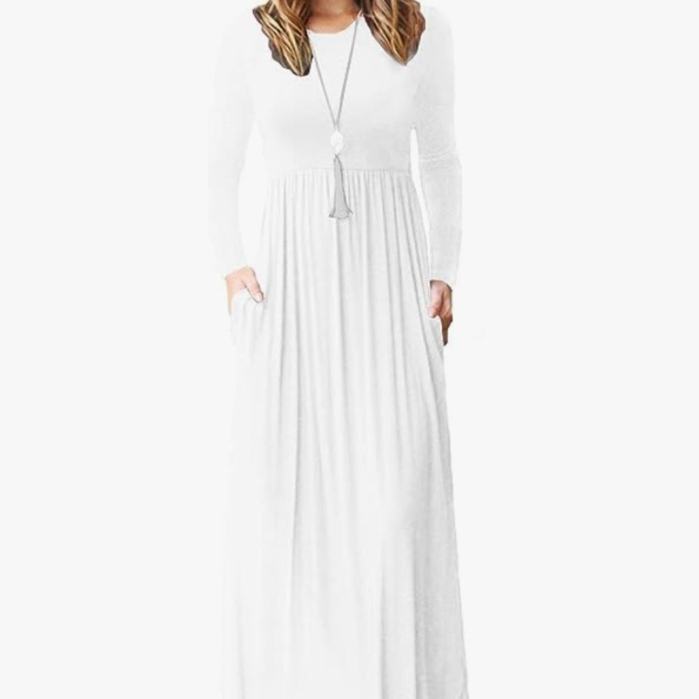 VIISHOW Women's White Long Sleeve Maxi Dress w/ Pockets XS
